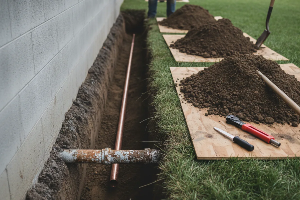 Excavated water line trench during Water Softener Installation in Oakboro